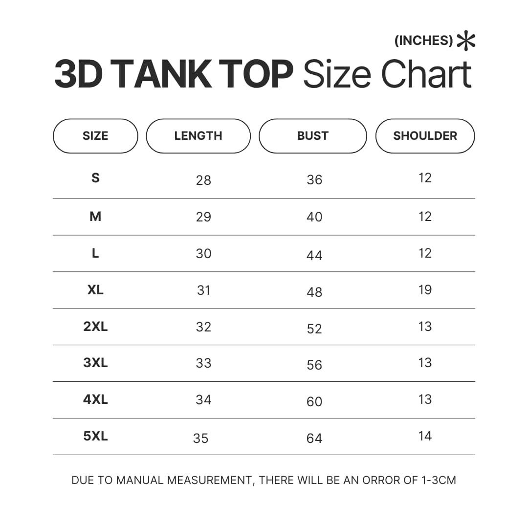 3D Tank Top Size Chart - Bad Omens Band Merch