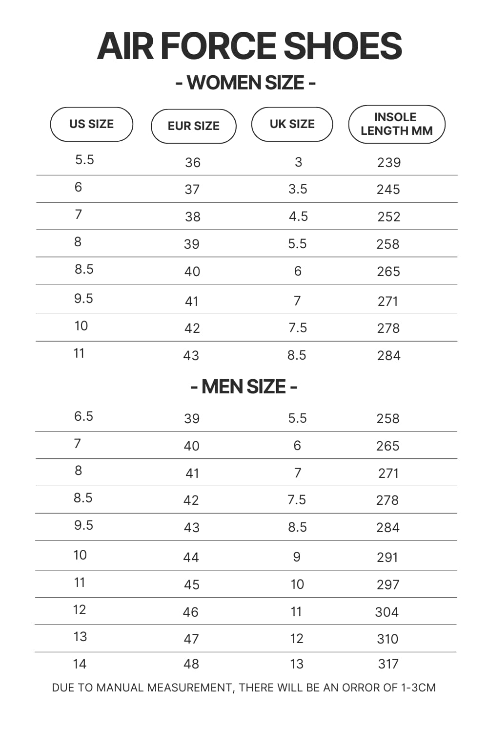 Air Force Shoes Size Chart - Bad Omens Band Merch