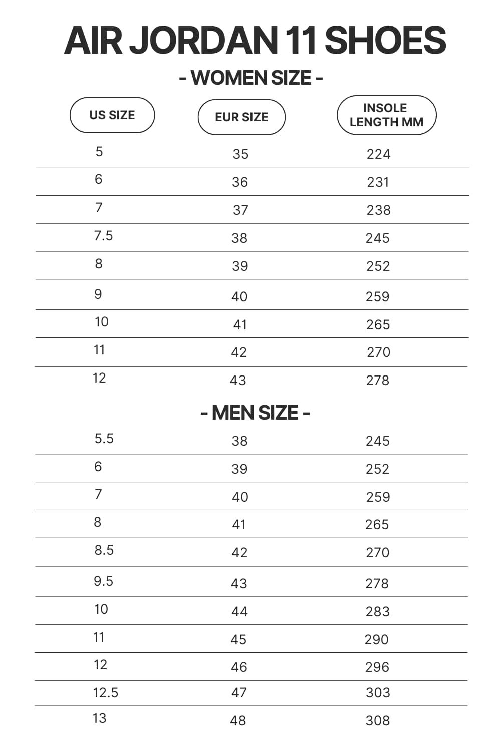 Air Jordan 11 Shoes Size Chart - Bad Omens Band Merch