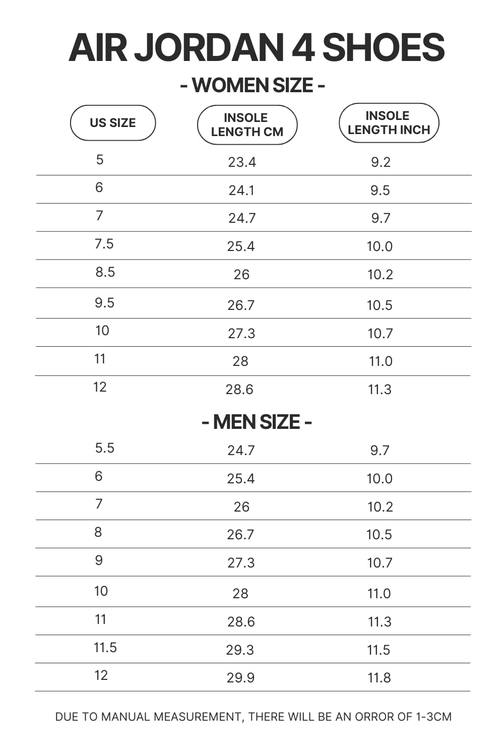 Air Jordan 4 Shoes Size Chart - Bad Omens Band Merch