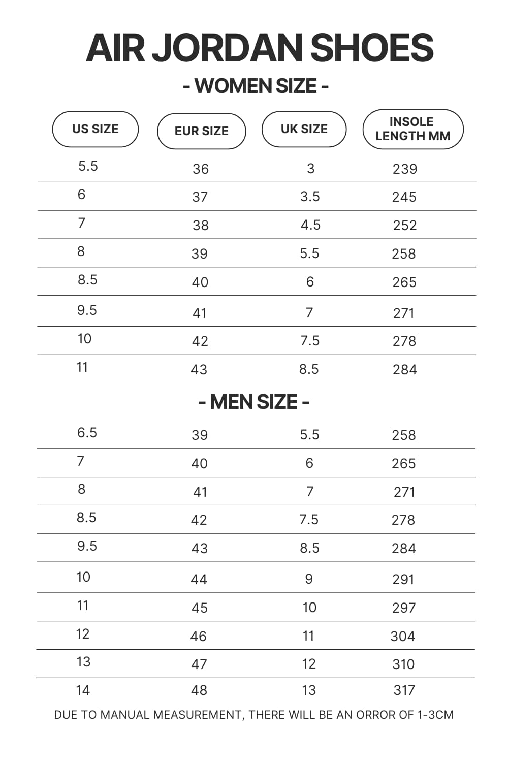 Air Jordan Shoes Size Chart - Bad Omens Band Merch