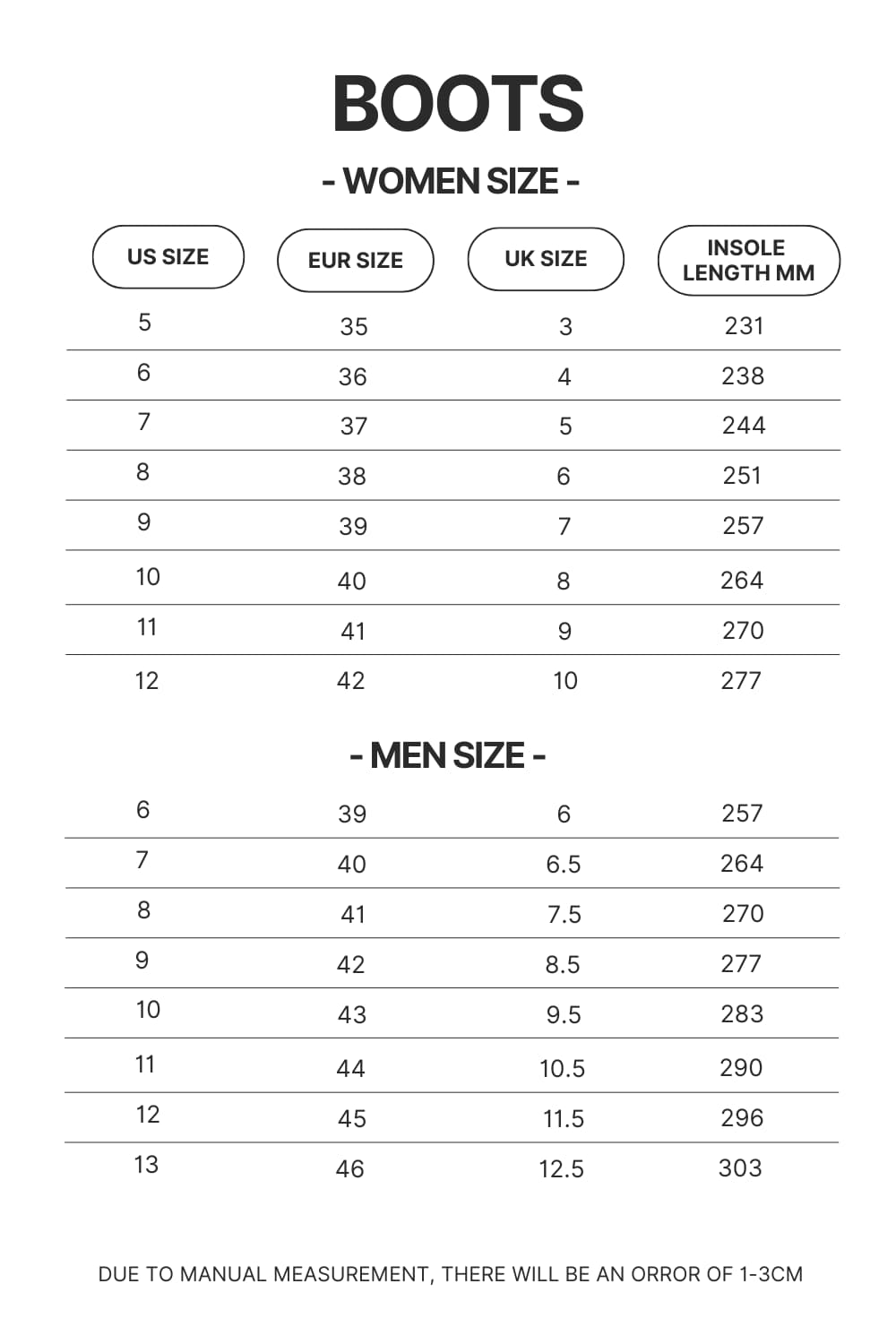 Boots Size Chart - Bad Omens Band Merch