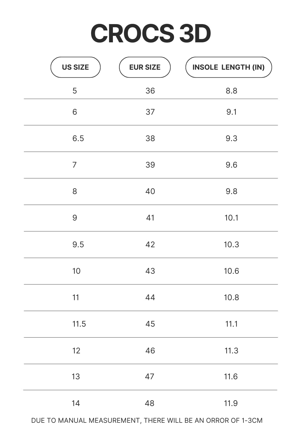 Crocs 3D Size Chart - Bad Omens Band Merch