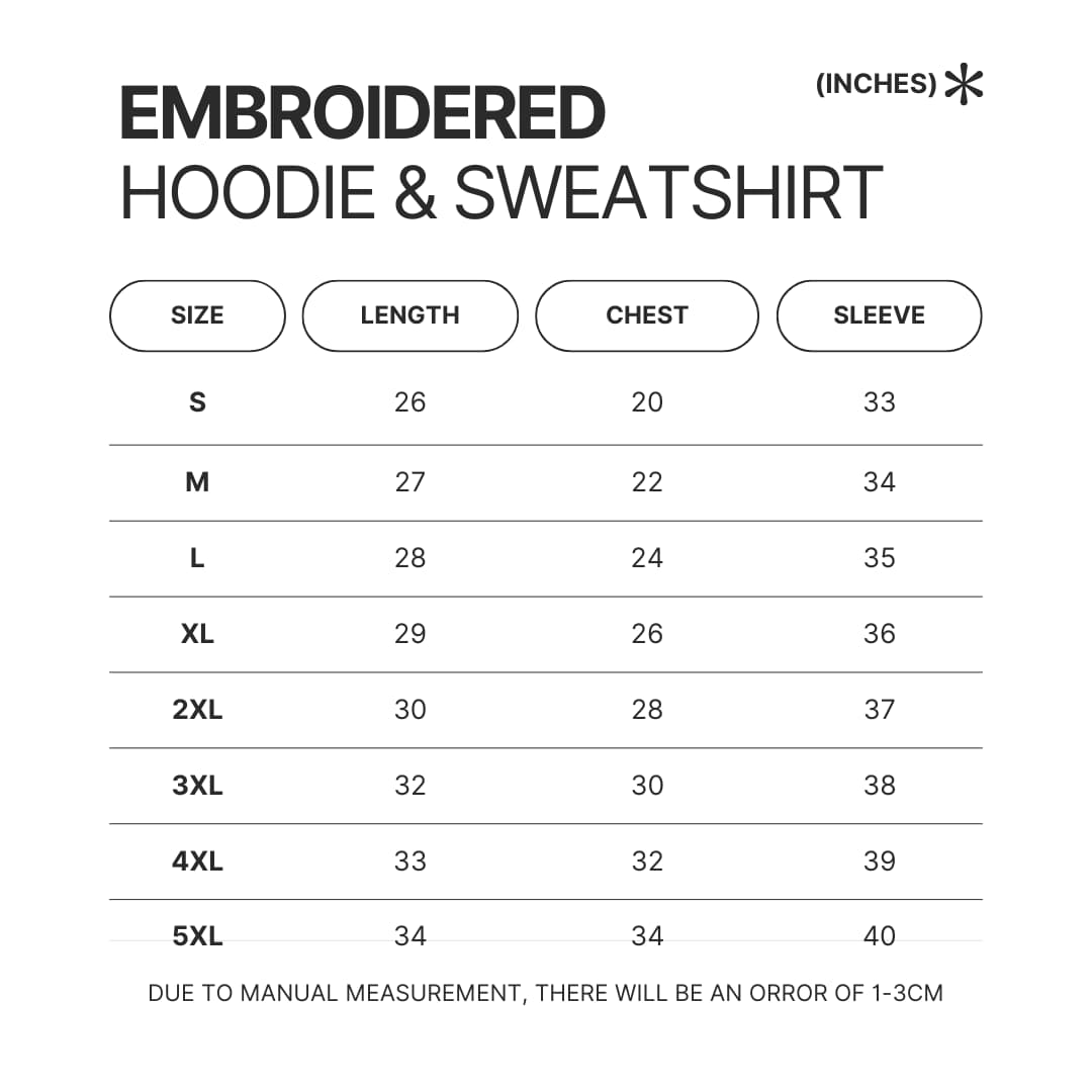 Embroidered Hoodie Sweatshirt Size Chart - Bad Omens Band Merch