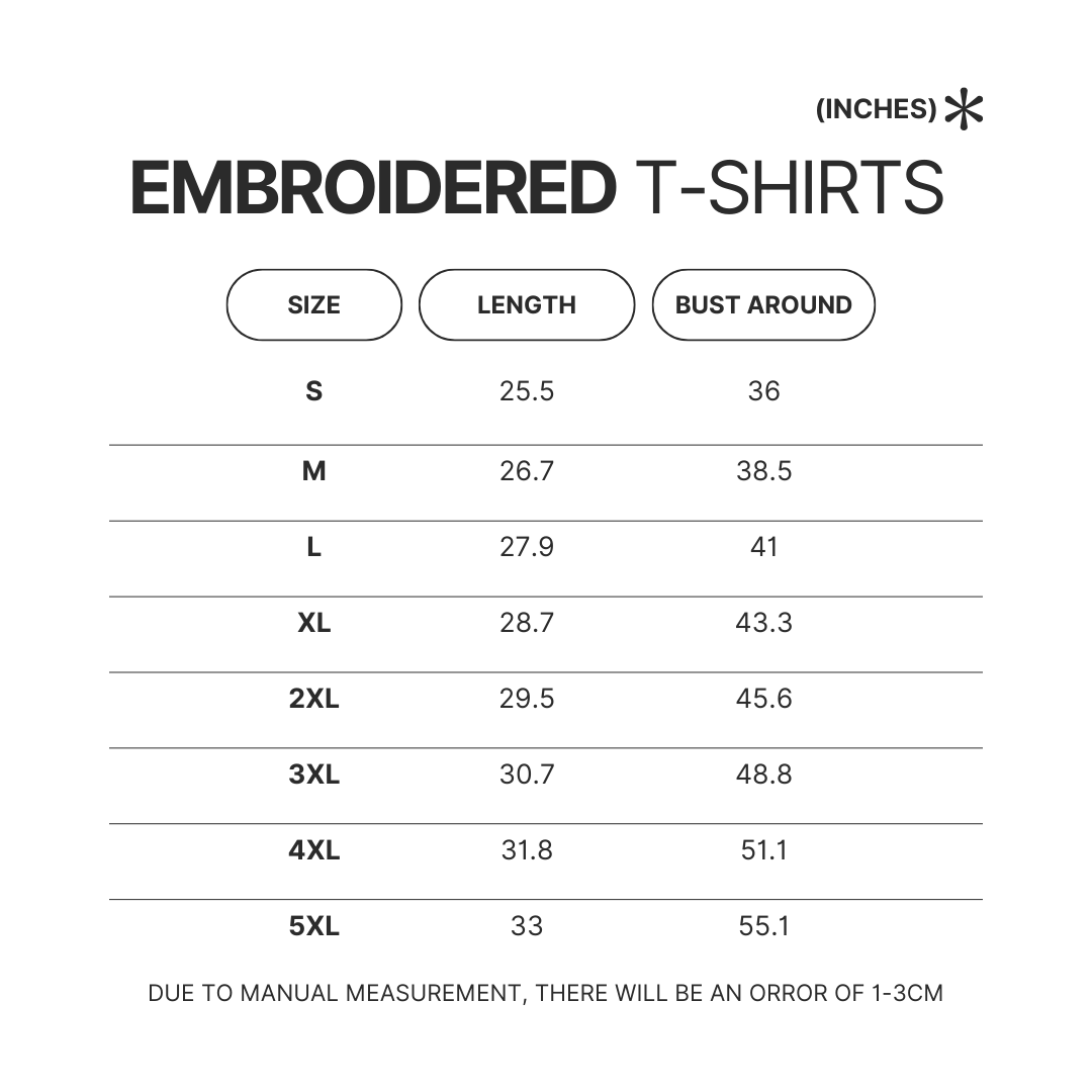 Embroidered T shirt Size Chart - Bad Omens Band Merch