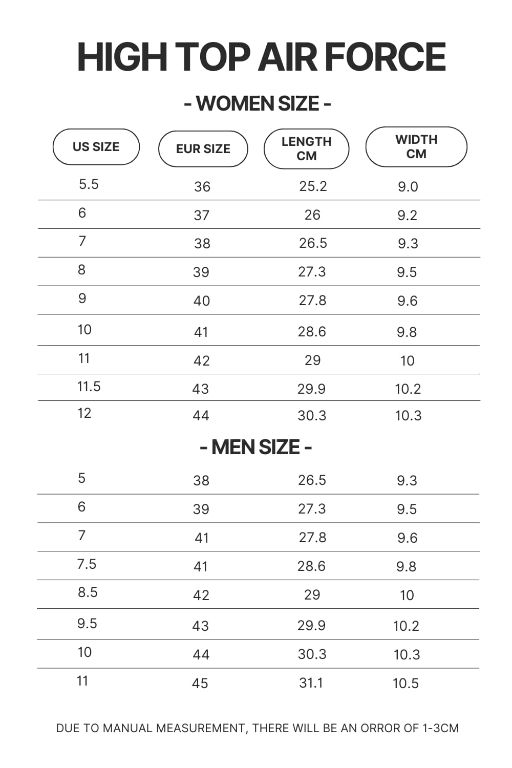 High Top Air Force Shoes Size Chart - Bad Omens Band Merch