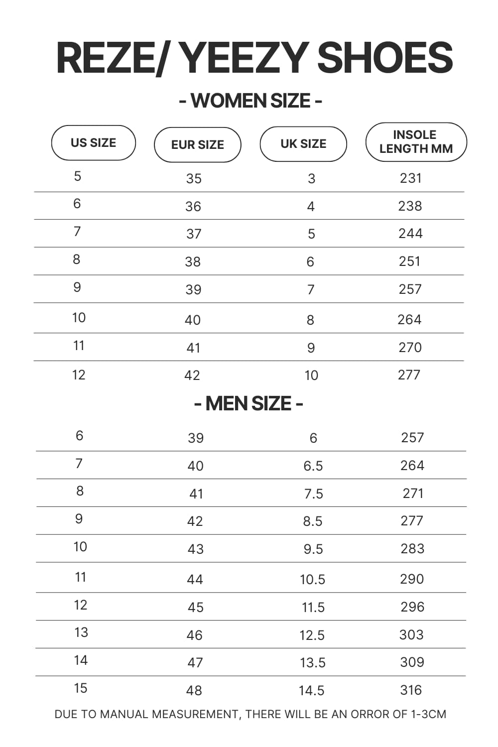 Reze Yeezy Shoes Size Chart - Bad Omens Band Merch