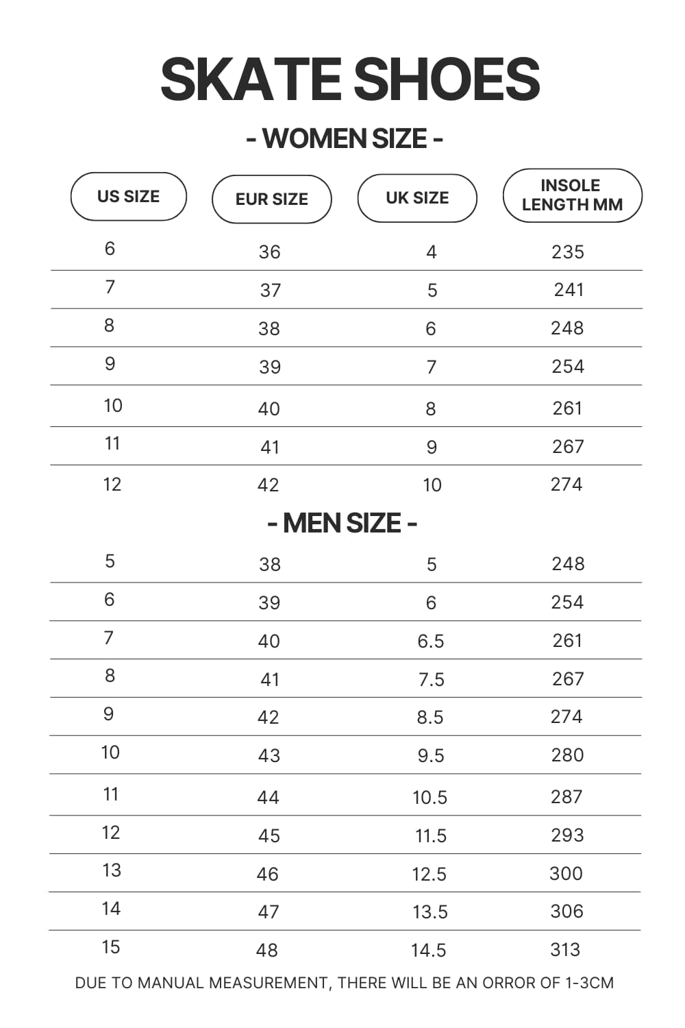 Skate Shoes Size Chart - Bad Omens Band Merch